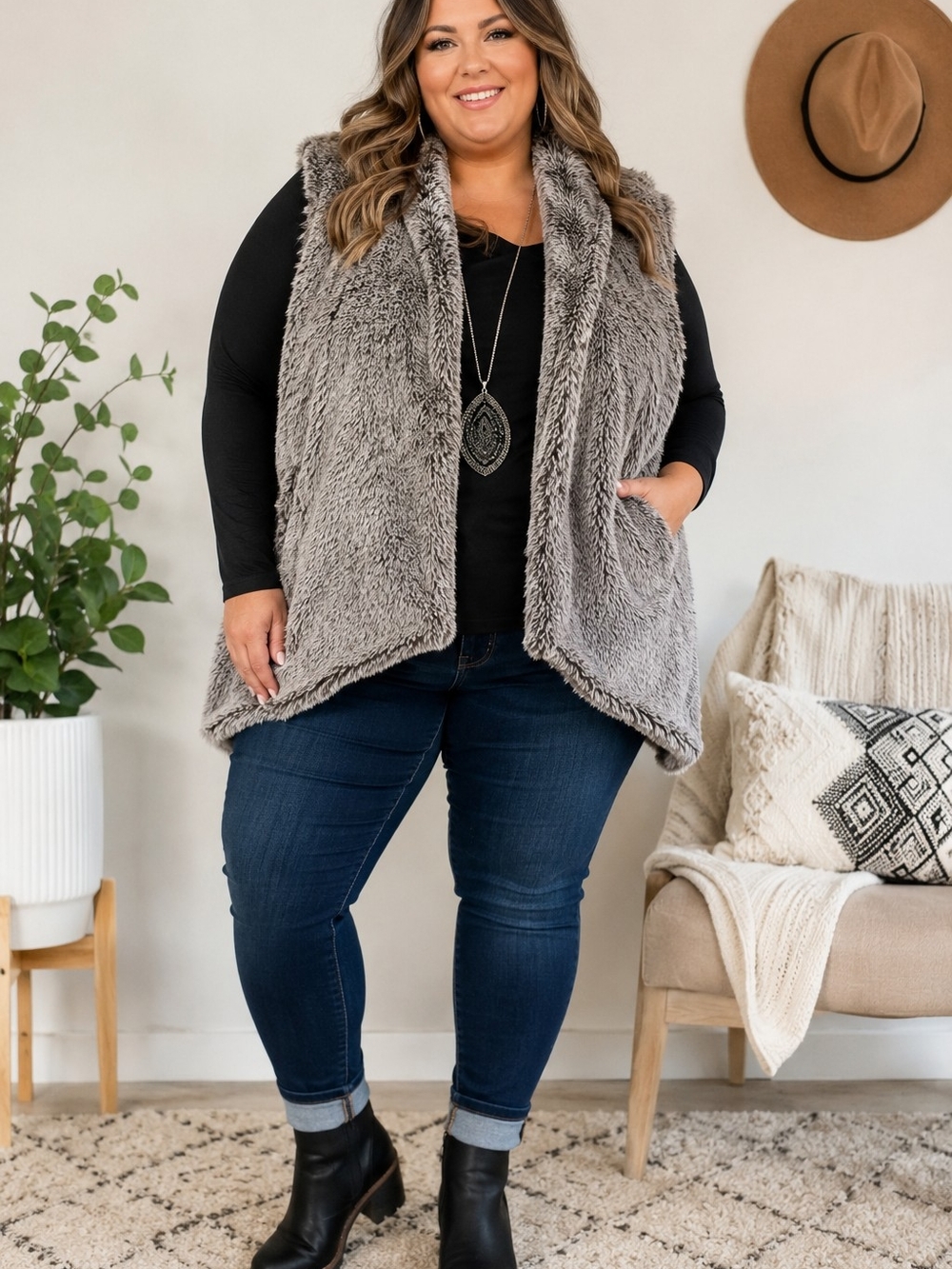 Democracy 3X Gray Faux Fur Vest | Cozy Open Front Shaggy Layering Piece | Boho - Picture 2 of 11